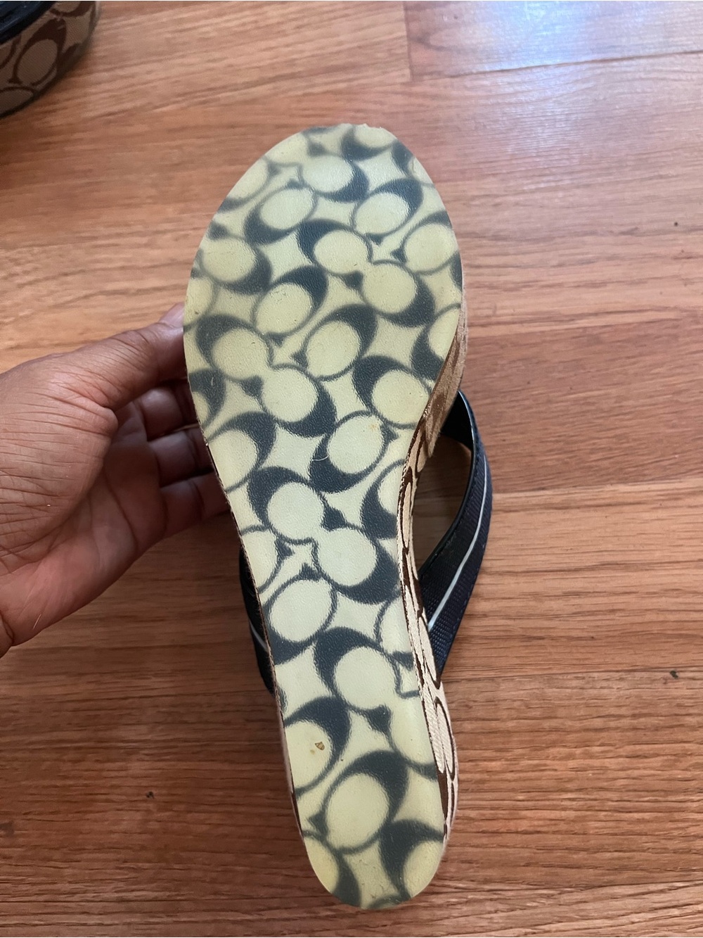 Coach Black Patent Leather Logo Wedge Thong Sandals with Monogram Platform - Picture 6 of 7